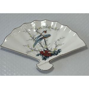 Jay‎ Japan Fine China Fan Shaped Decorative Dish Birds Cherry Blossom Vintage